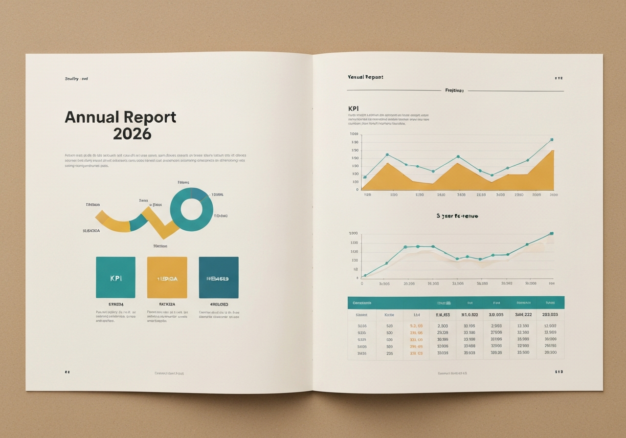 Annual report cover and inside spread with editorial typography, data-viz charts, and financial tables.
