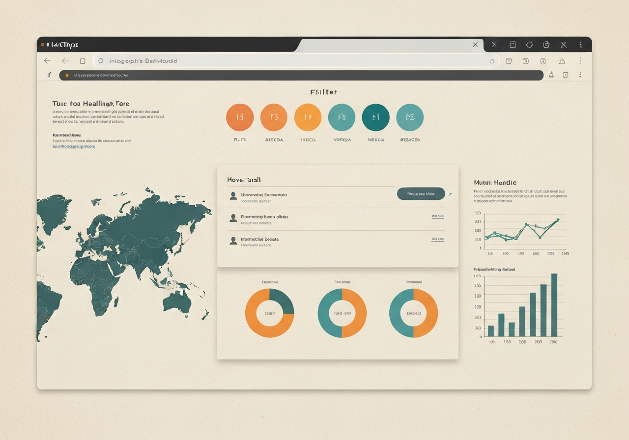 Interactive dashboard screenshot with country comparison map, filter chips, and a hover-detail popup.